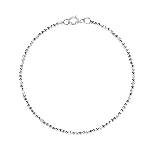 A sterling silver bead chain bracelet with a spring ring clasp, arranged in a circle on a white background.