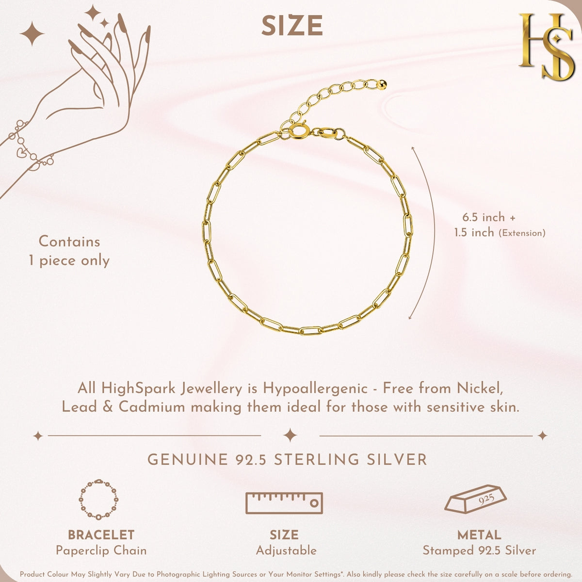 Paperclip Chain Bracelet For Women in 925 Sterling Silver in 18k Gold Finish