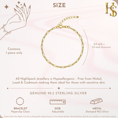 Paperclip Chain Bracelet For Women in 925 Sterling Silver in 18k Gold Finish