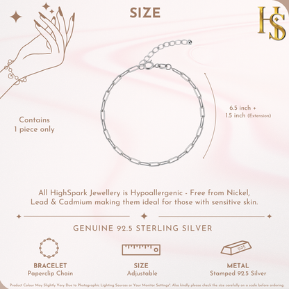 PaperClip Chain Bracelet In 925 Sterling Silver For Women