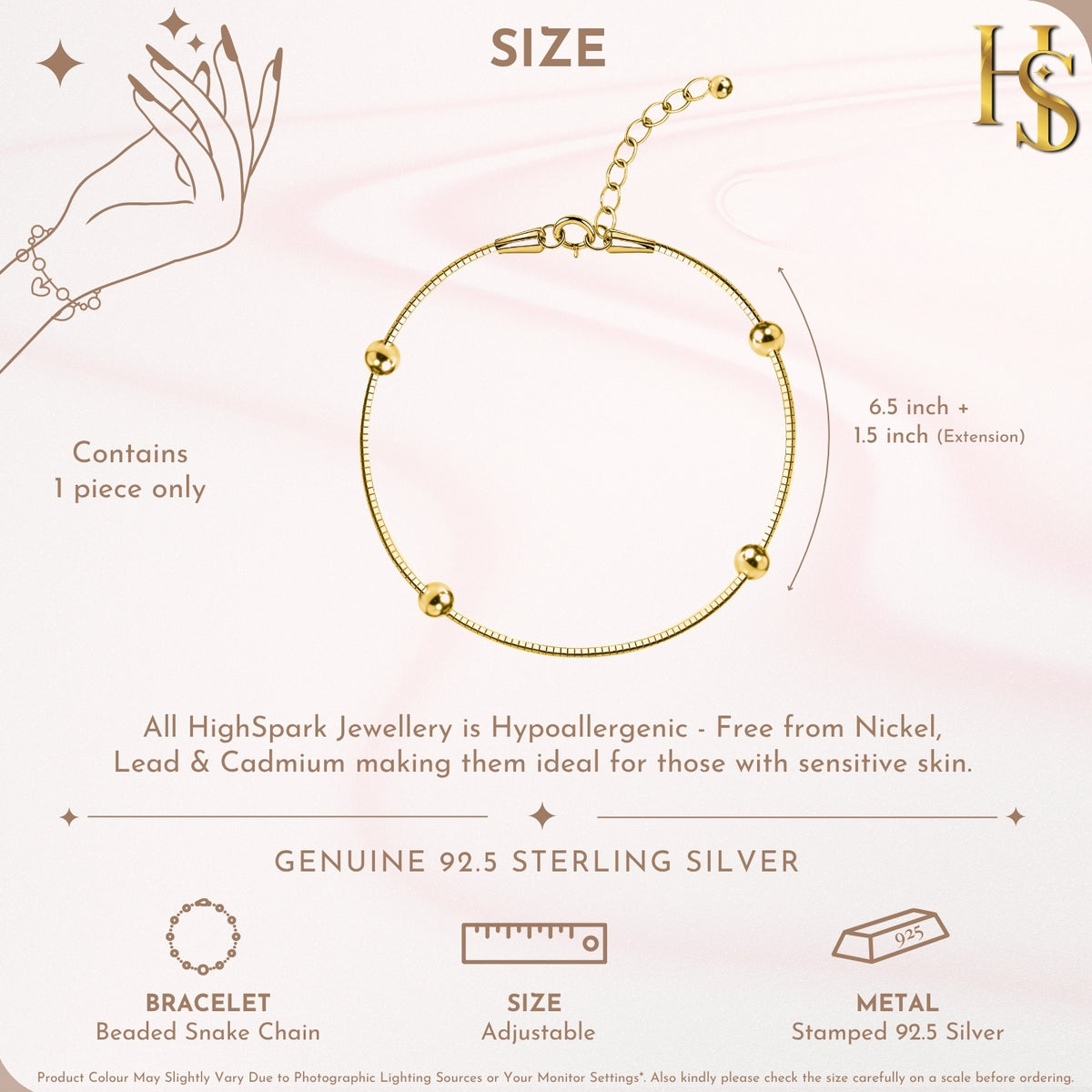 Beaded Snake Chain Bracelet For Women in 925 Sterling Silver | 18k Gold Finish