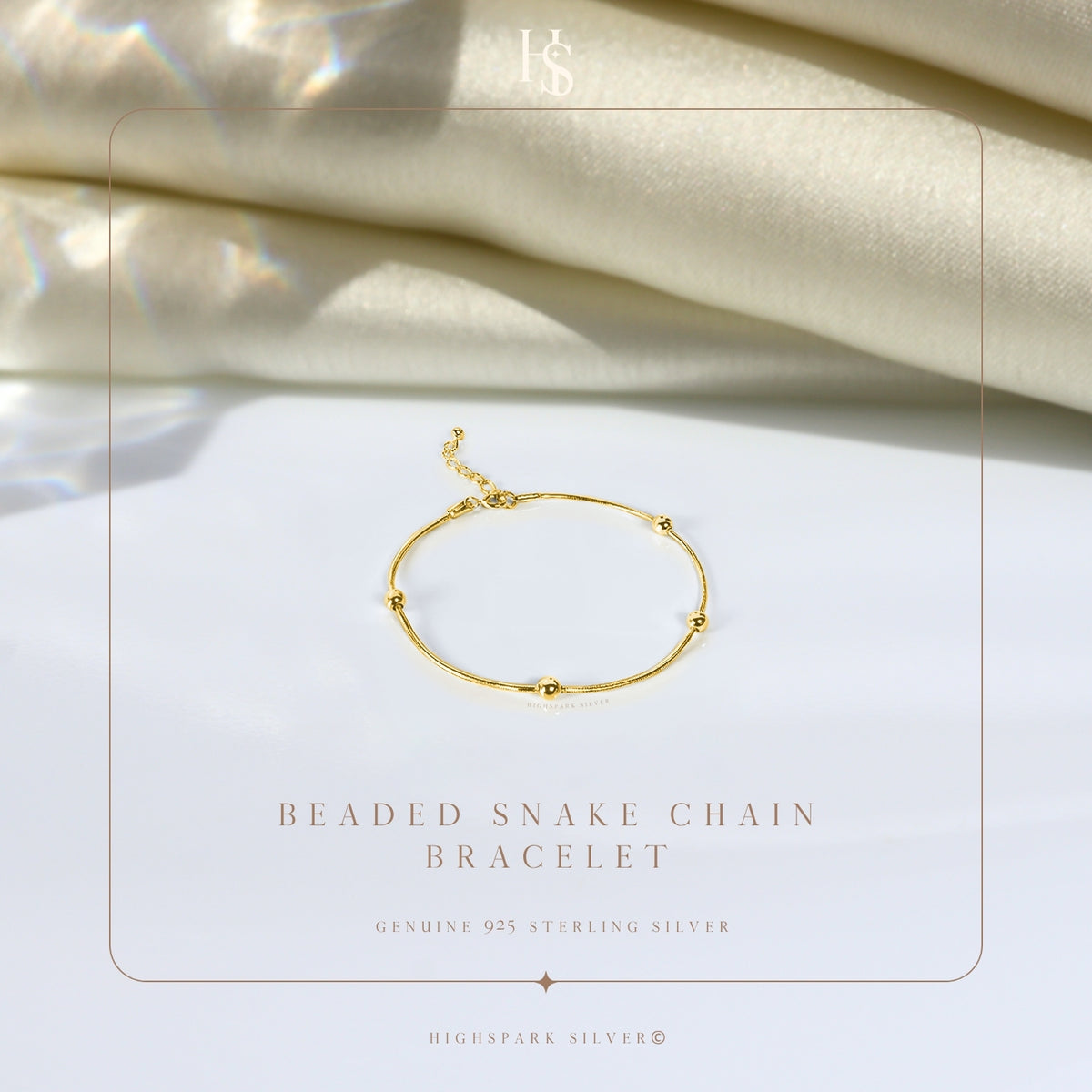 Beaded Snake Chain Bracelet For Women in 925 Sterling Silver | 18k Gold Finish