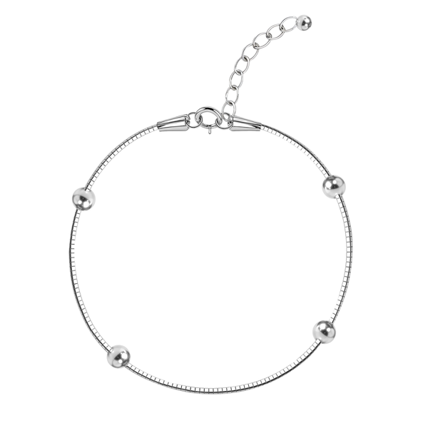 A sterling silver snake chain bracelet with four polished beads and an adjustable clasp, shown on a white background.