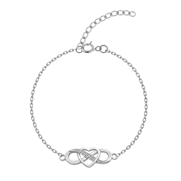 A sterling silver chain bracelet with a central heart and infinity symbol motif, pave-set with American diamonds, on a white background.