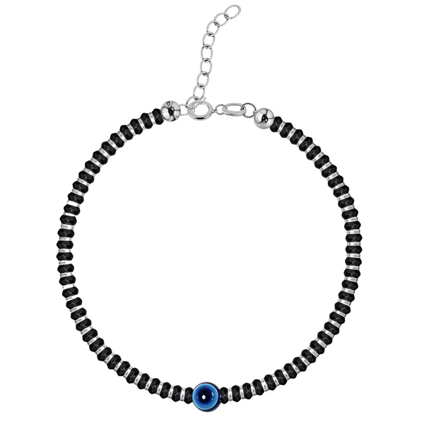 An adjustable nazariya bracelet with faceted black beads and a central blue evil eye charm in sterling silver, on a white background.