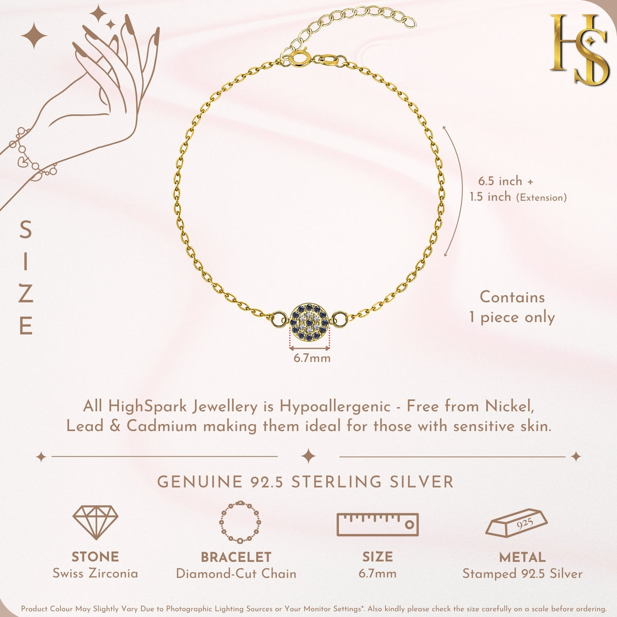 Dark Blue Sparkling Evil Eye Bracelet For Women in 925 Sterling Silver | 18k Gold Finish