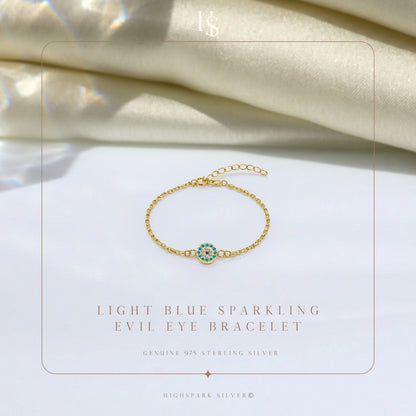 Light Blue Sparkling Evil Eye Bracelet For Women in 925 Sterling Silver | 18k Gold Finish