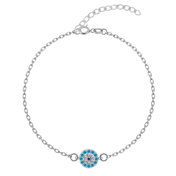An adjustable sterling silver chain bracelet with a round evil eye charm made of light blue, dark blue, and clear American diamonds.