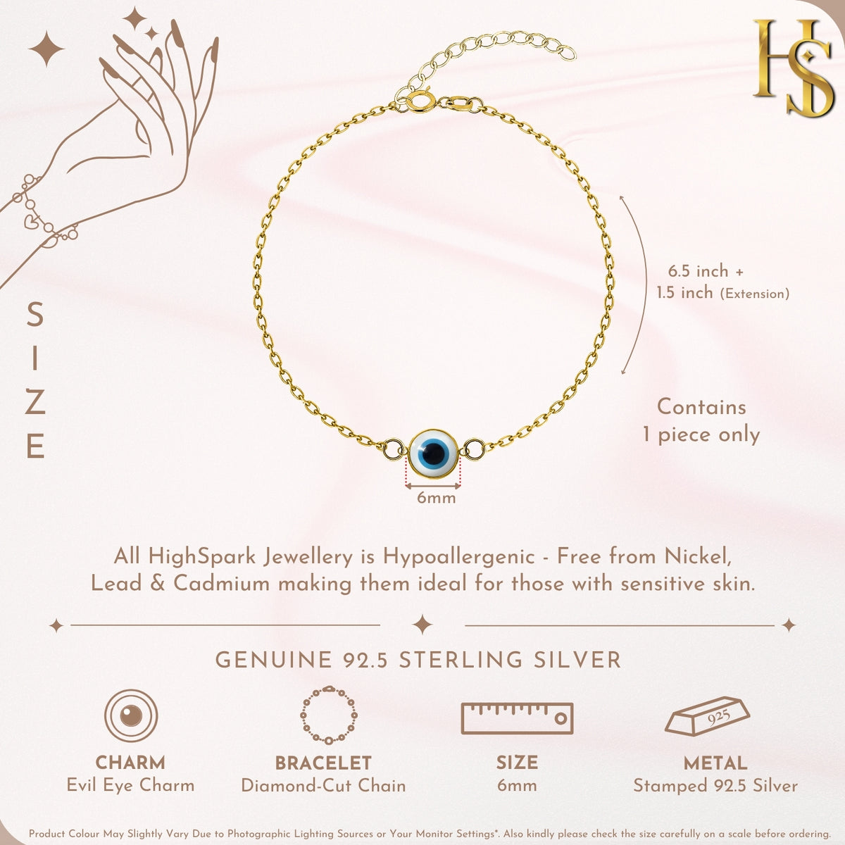 White Classic Evil Eye Bracelet For Women in 925 Sterling Silver | 18k Gold Finish