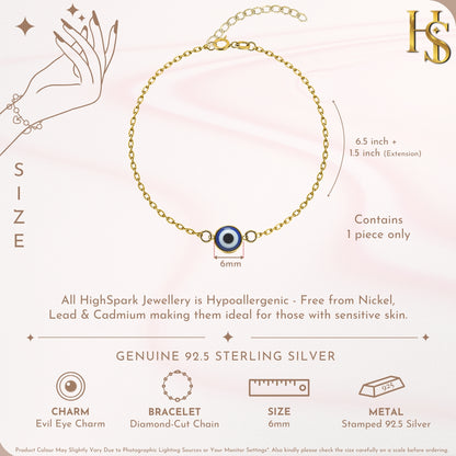 Blue Classic Evil Eye Bracelet For Women in 925 Sterling Silver | 18k Gold Finish