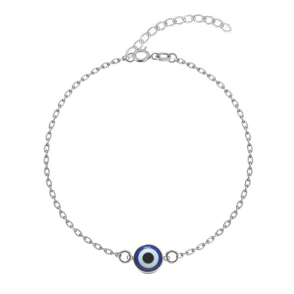 A sterling silver evil eye bracelet with a blue and white enamel charm on a fine link chain, shown on a white background.