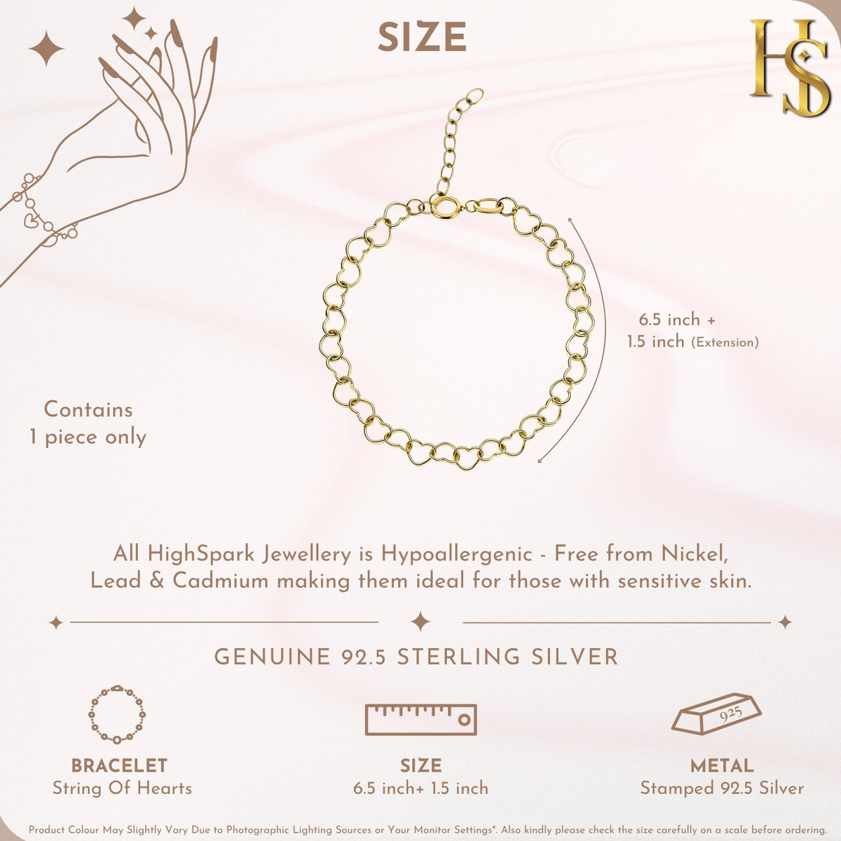 String of Hearts Bracelet For Women in 925 Sterling Silver | 18k Gold Finish