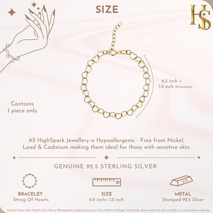 String of Hearts Bracelet For Women in 925 Sterling Silver | 18k Gold Finish