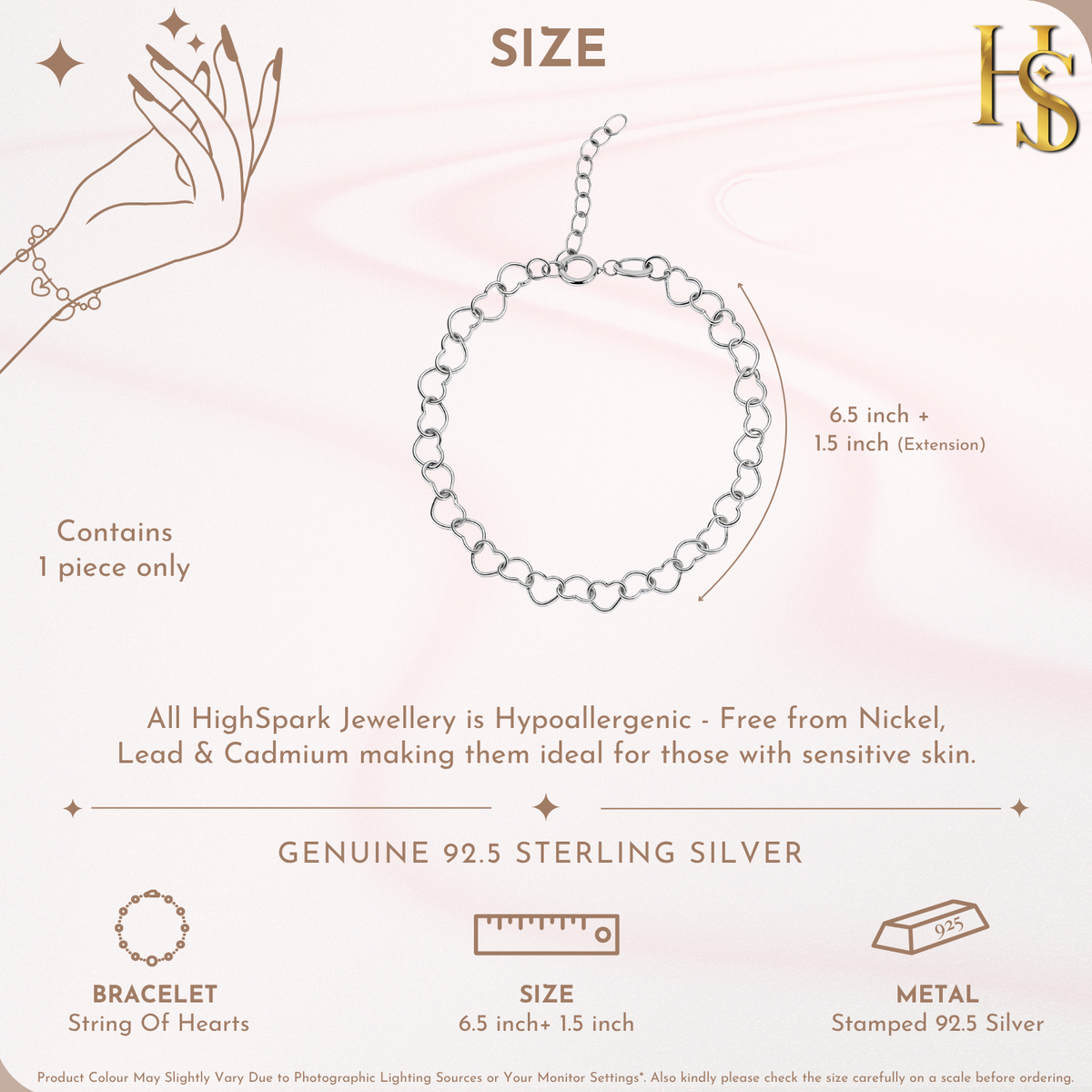 String of Hearts Bracelet in 925 Sterling Silver for Women