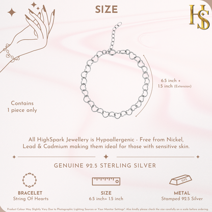 String of Hearts Bracelet in 925 Sterling Silver for Women