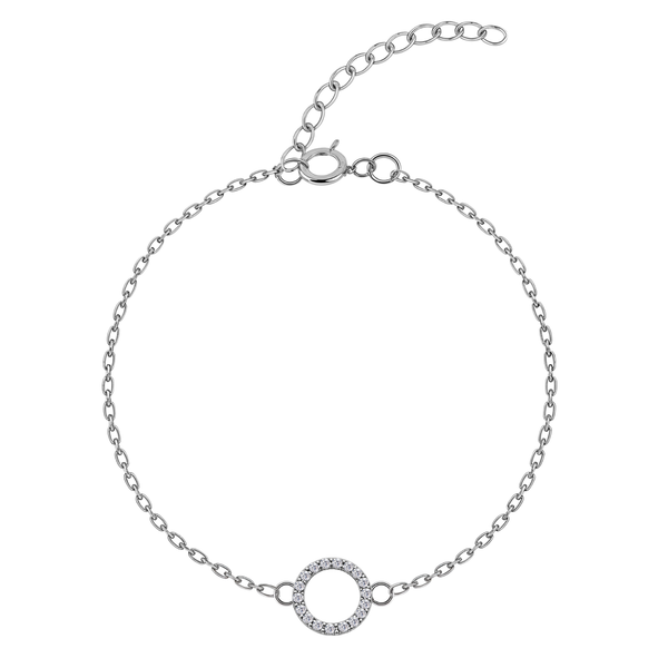 A sterling silver bracelet with a central open circle motif paved with American diamonds, shown on a white background.