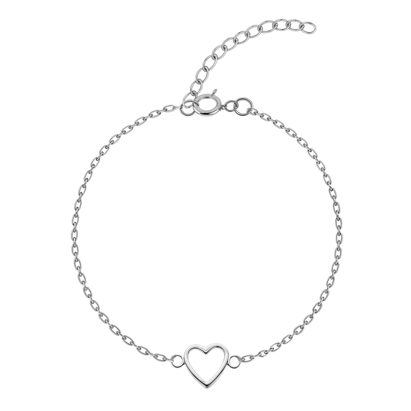 A sterling silver chain bracelet with a central open heart motif and an adjustable clasp, shown on a white background.