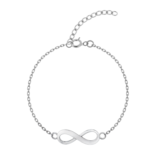 An eternal infinity symbol is the centrepiece of this delicate sterling silver chain bracelet, shown on a plain white background.