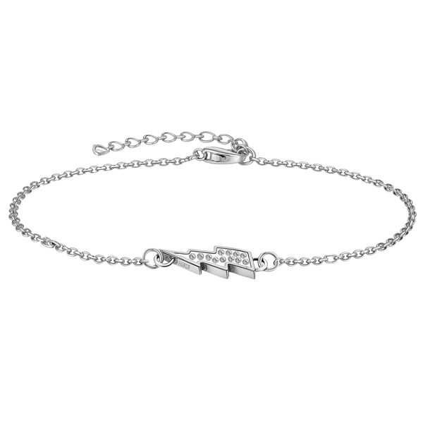 A sterling silver charm bracelet with a central lightning bolt motif pavé-set with American diamonds on a white background.