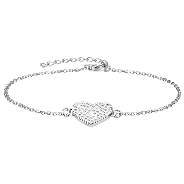 A sterling silver charm bracelet with a central heart motif paved with tiny American diamonds, shown on a white background.