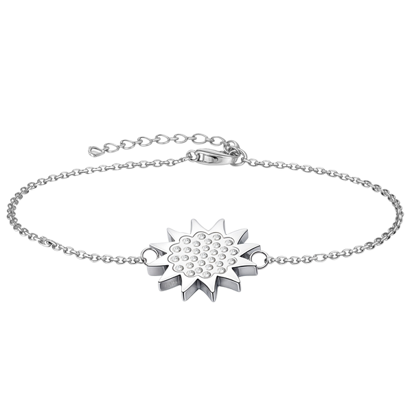 A sterling silver charm bracelet with a central sun motif paved with American diamonds, shown on a white background.