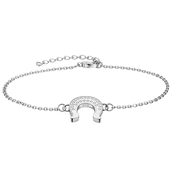 A sterling silver charm bracelet with a central horseshoe motif paved with American diamonds, shown on a white background.