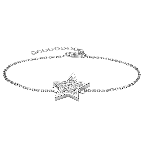 A sterling silver charm bracelet with a central star motif filled with pave-set American diamonds on a plain white background.