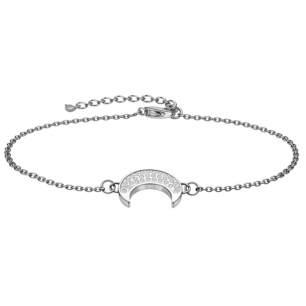 A sterling silver adjustable bracelet with a crescent moon charm paved with tiny American diamonds, shown on a white background.