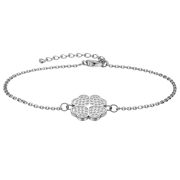 A sterling silver charm bracelet with a central four-leaf clover motif paved with tiny American diamonds, shown on a white background.