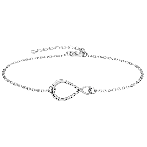 A sterling silver infinity bracelet with a delicate link chain and an adjustable clasp, shown on a plain white background.