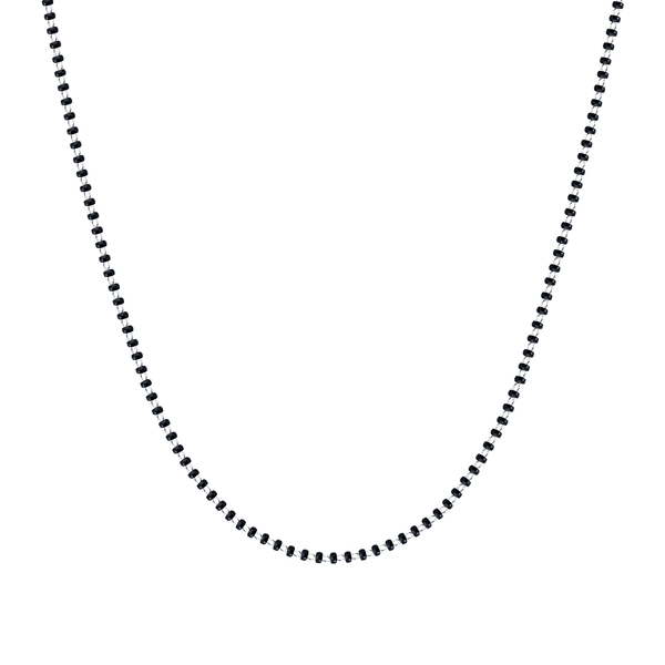A sterling silver mangalsutra chain with small, round black beads linked together, shown against a plain white background.