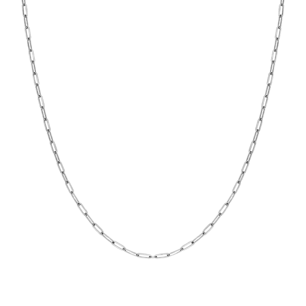 A paper clip chain necklace with elongated oval links in polished sterling silver, shown on a white background.