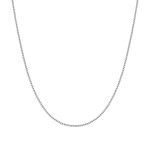 A sterling silver box chain necklace with a polished finish, shown hanging in a gentle curve against a plain white background.