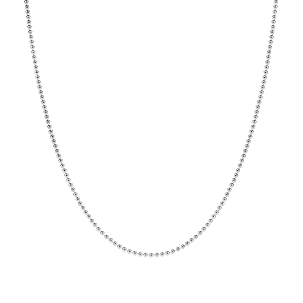 A sterling silver ball chain necklace with small, polished spherical beads shown against a plain white background.