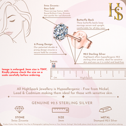 Classic Radiant Solitaire Stud Earrings in 925 Sterling Silver with 18k Rose Gold Finish For Women
