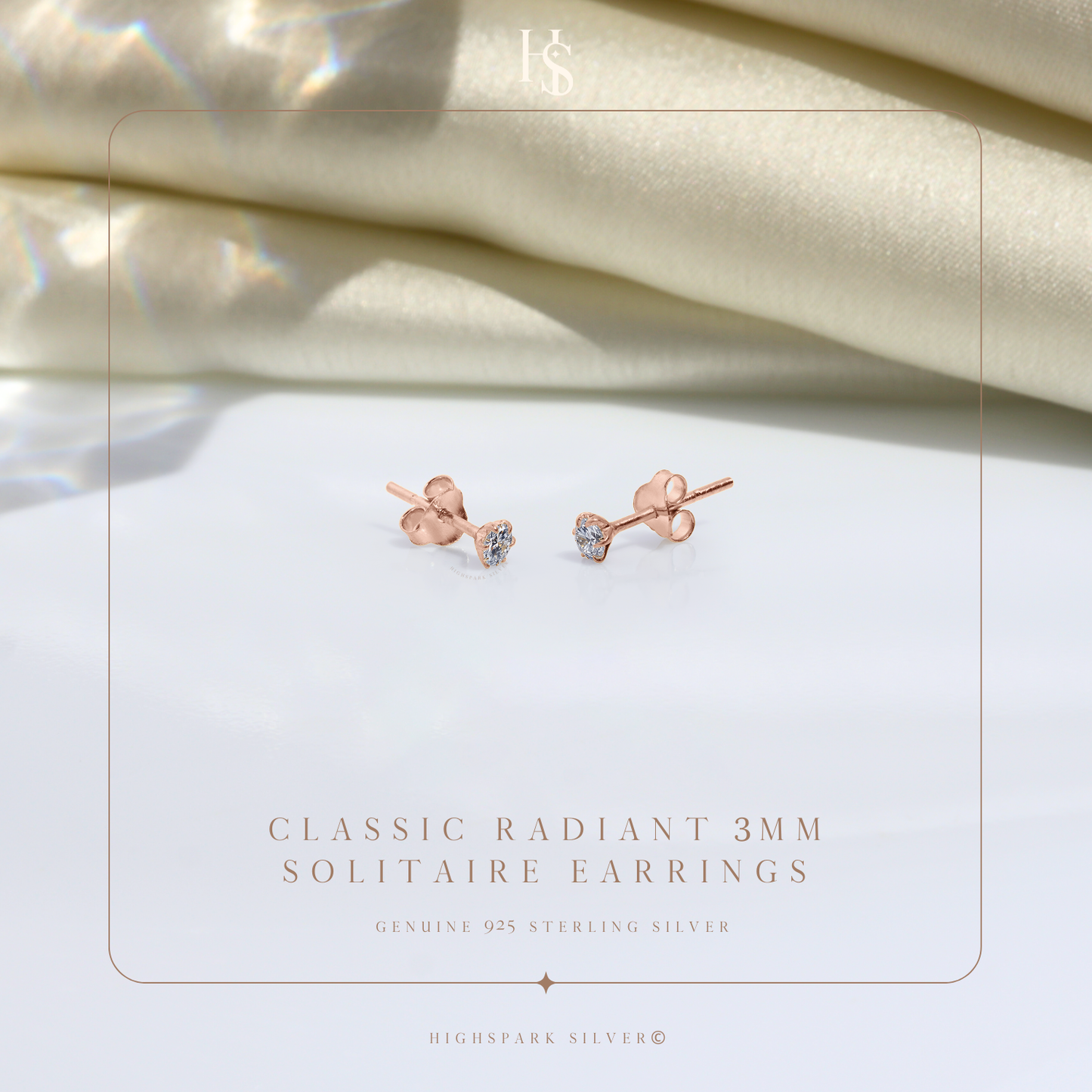 Classic Radiant Solitaire Stud Earrings in 925 Sterling Silver with 18k Rose Gold Finish For Women
