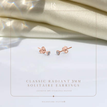 Classic Radiant Solitaire Stud Earrings in 925 Sterling Silver with 18k Rose Gold Finish For Women