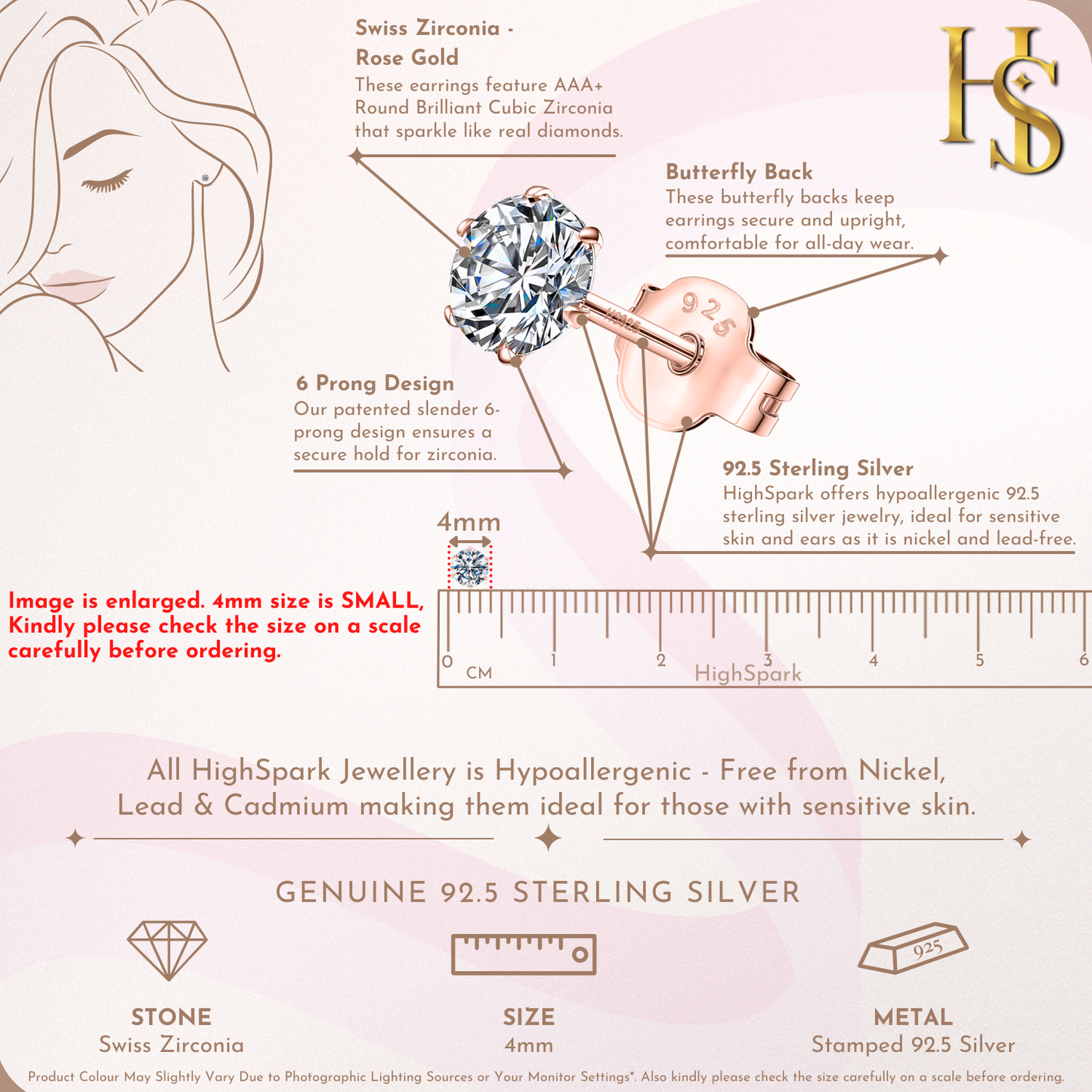 Classic Radiant Solitaire Stud Earrings in 925 Sterling Silver with 18k Rose Gold Finish For Women