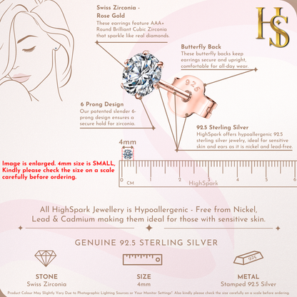 Classic Radiant Solitaire Stud Earrings in 925 Sterling Silver with 18k Rose Gold Finish For Women
