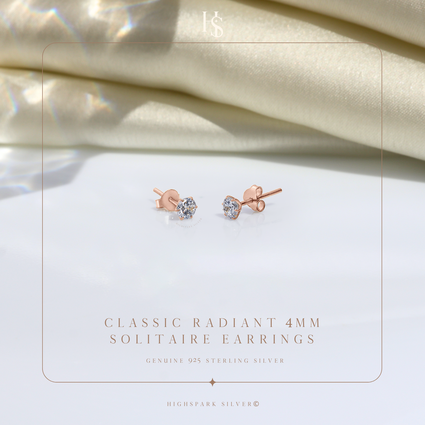 Classic Radiant Solitaire Stud Earrings in 925 Sterling Silver with 18k Rose Gold Finish For Women