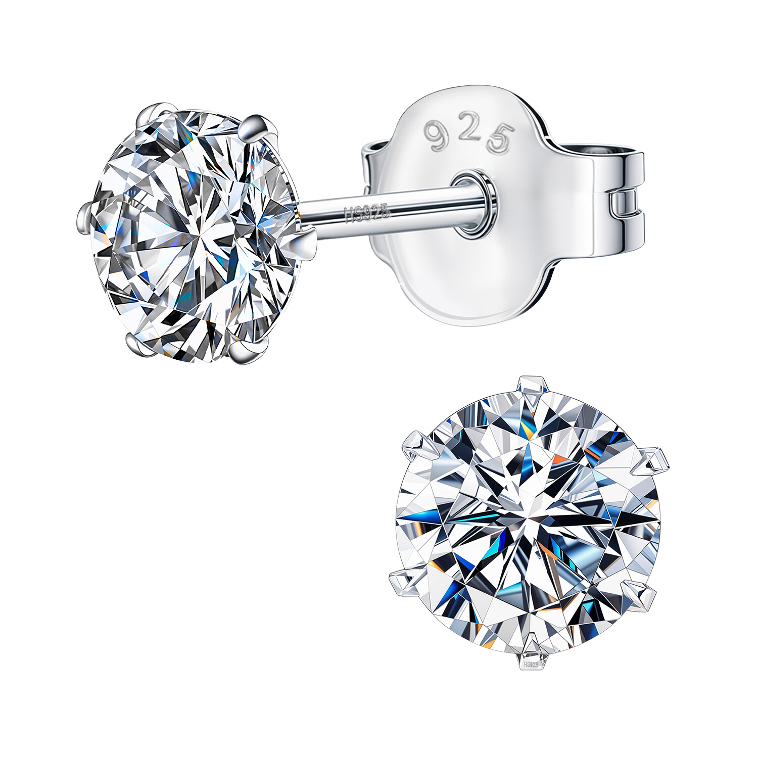 A pair of solitaire stud earrings with round brilliant-cut American diamonds in a six-prong setting.