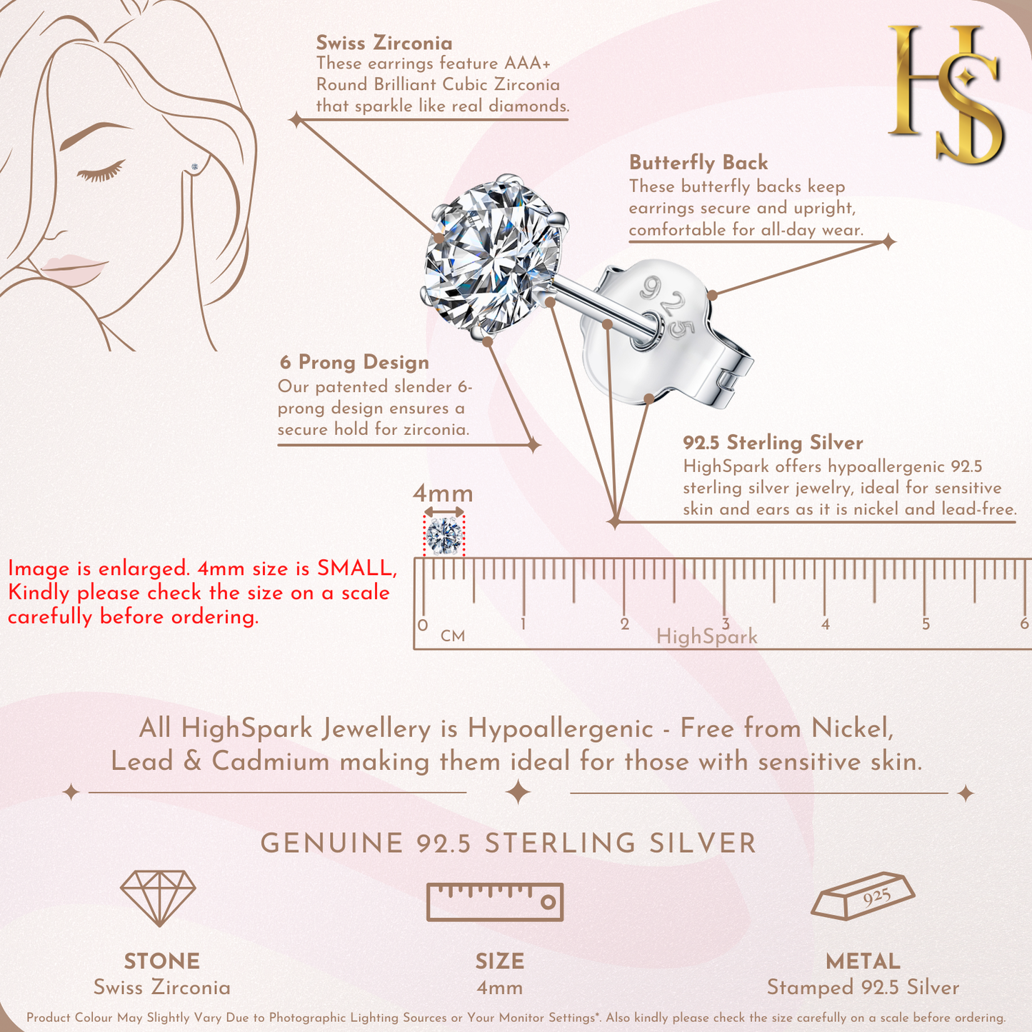 Simple Solitaire Stud Earrings - 92.5 Silver - Round Brilliant Swiss Zirconia Tops for everyday wear