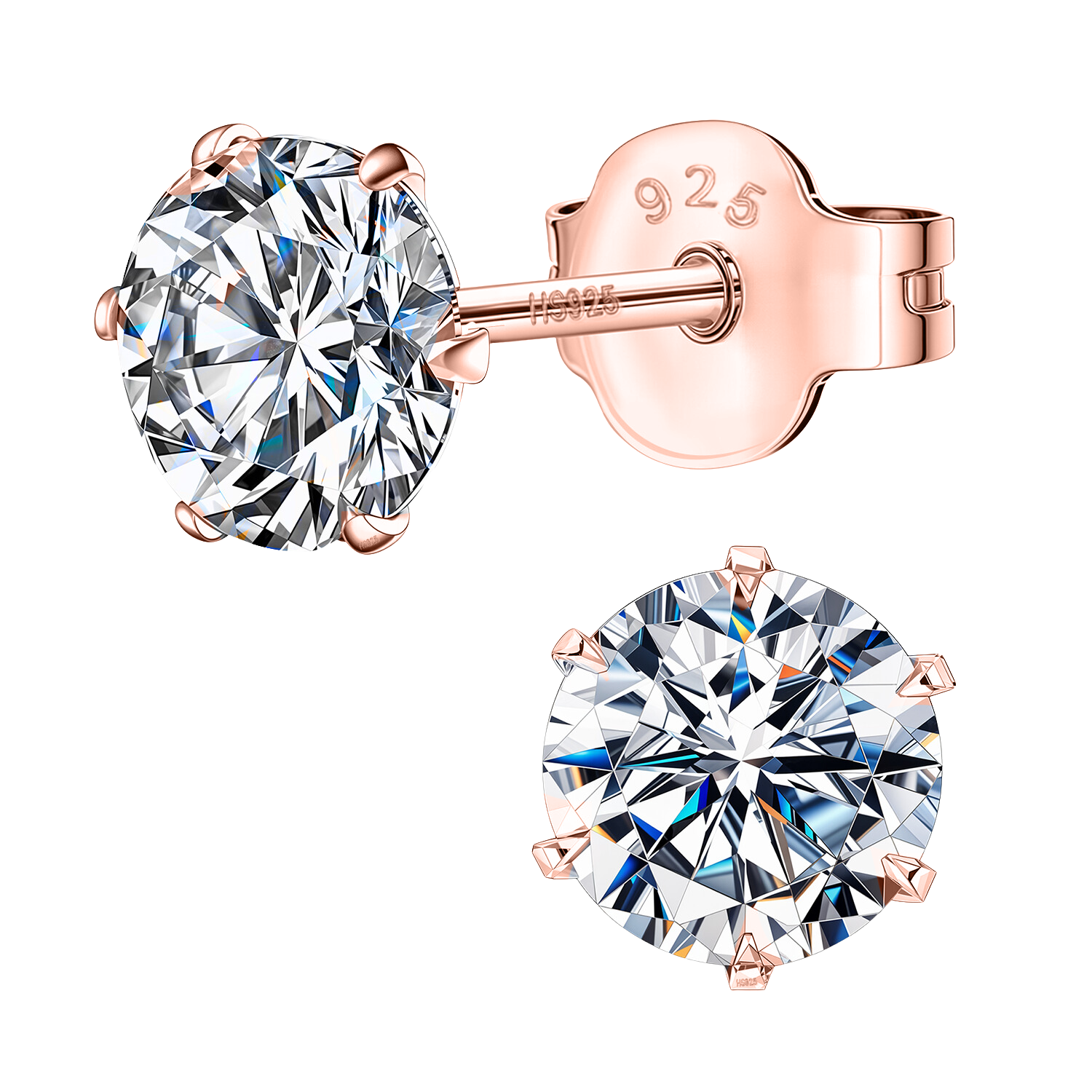 Solitaire stud earrings with a round American diamond in a six-prong setting, shown with a rose gold-plated finish on a white background.