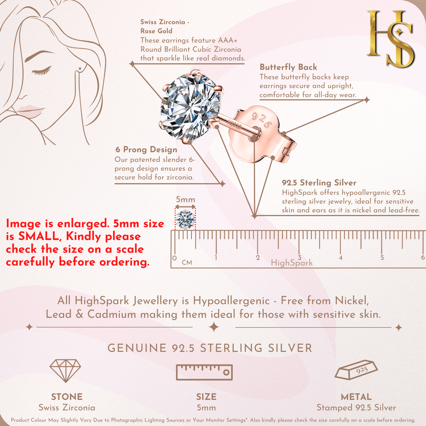 Classic Radiant Solitaire Stud Earrings in 925 Sterling Silver with 18k Rose Gold Finish For Women
