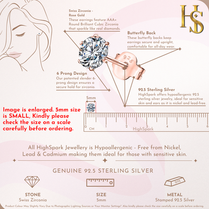 Classic Radiant Solitaire Stud Earrings in 925 Sterling Silver with 18k Rose Gold Finish For Women