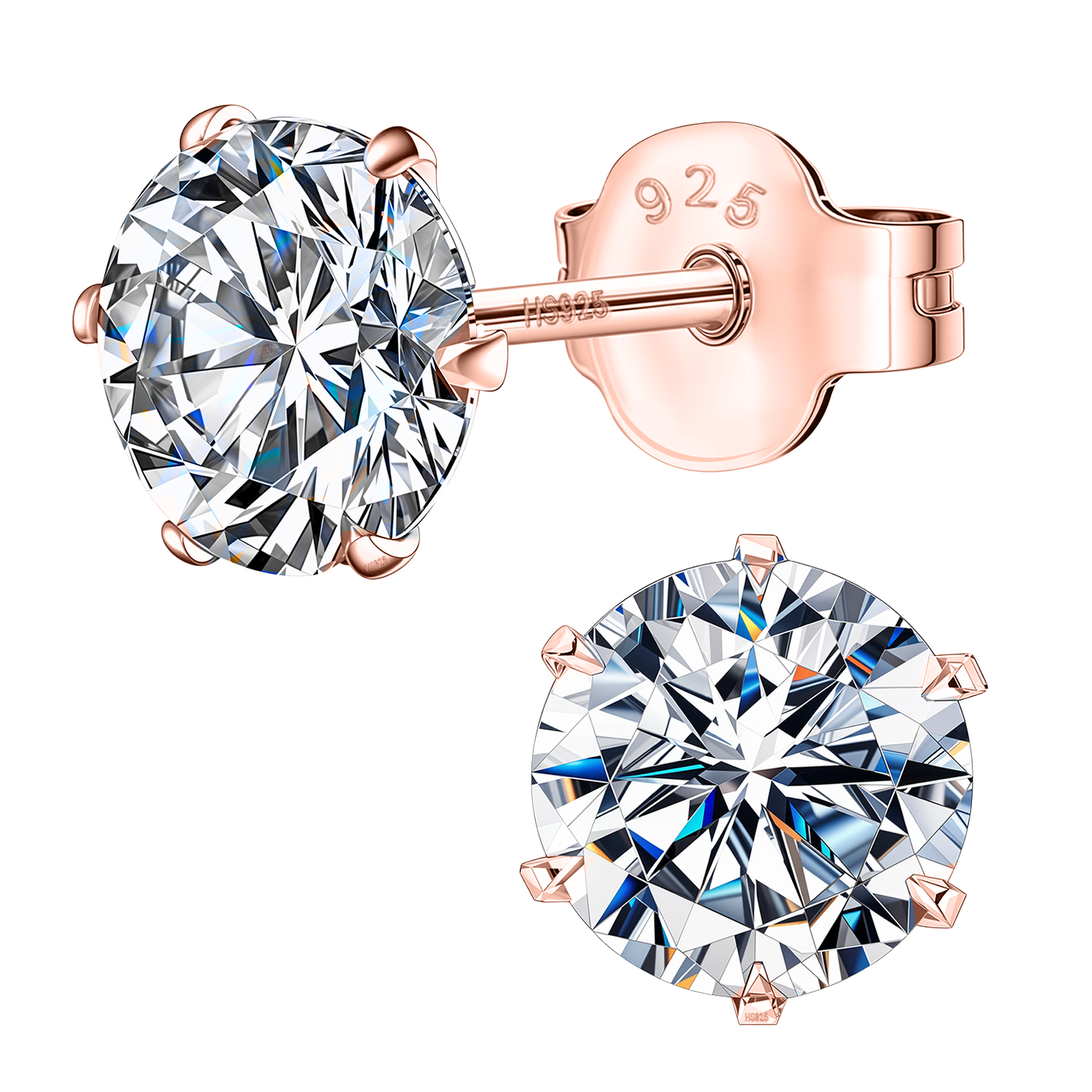 Classic Radiant Solitaire Stud Earrings in 925 Sterling Silver with 18k Rose Gold Finish For Women