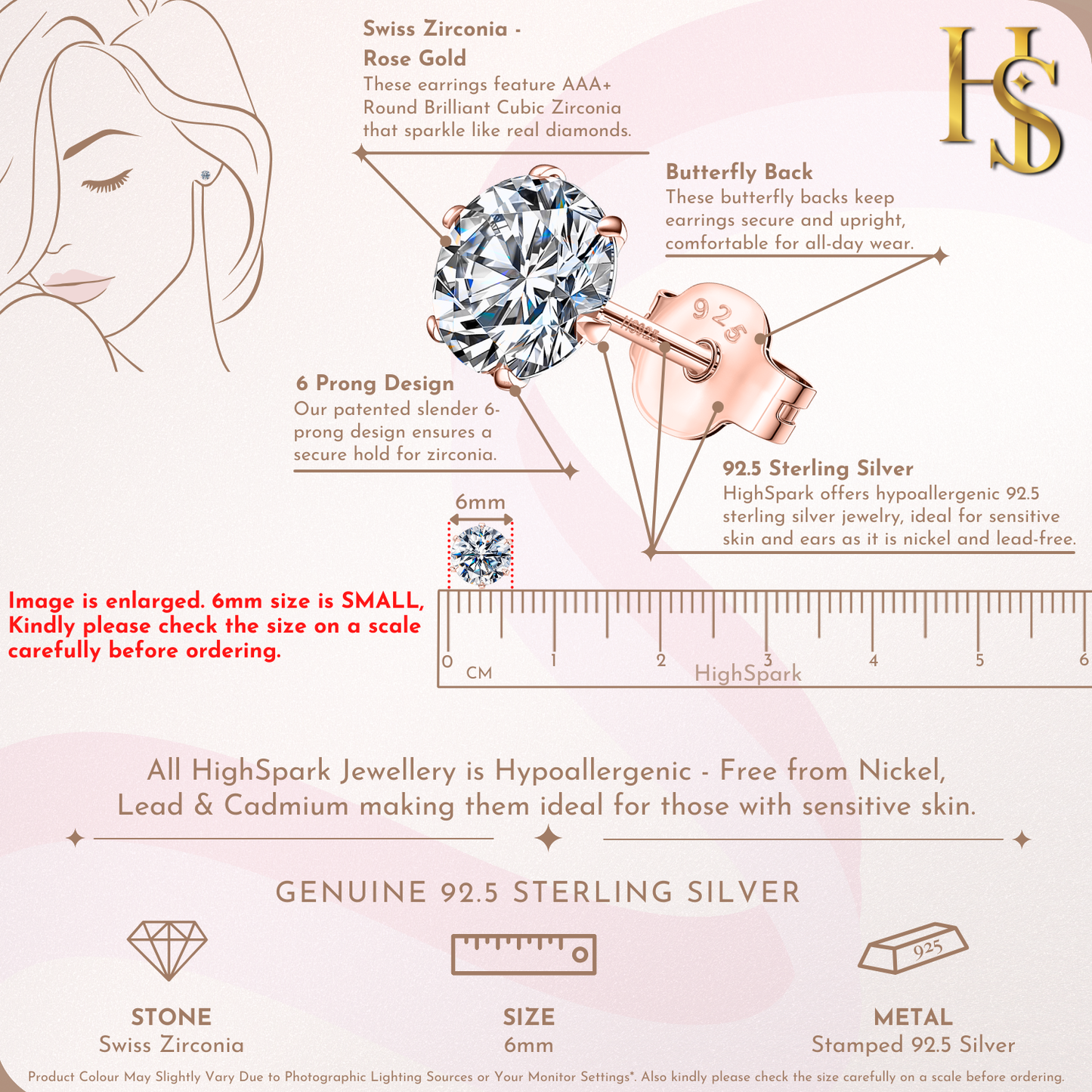 Classic Radiant Solitaire Stud Earrings in 925 Sterling Silver with 18k Rose Gold Finish For Women