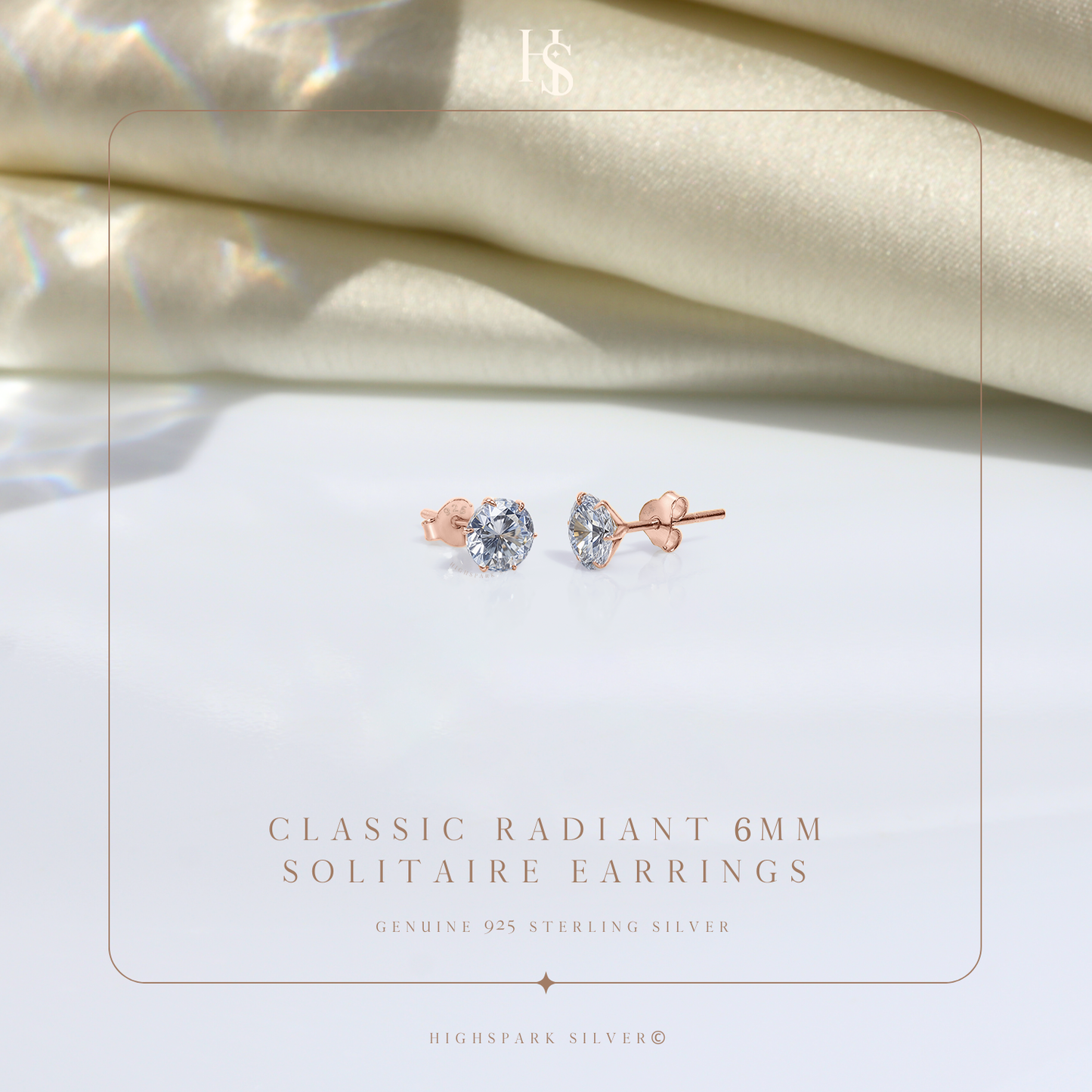 Classic Radiant Solitaire Stud Earrings in 925 Sterling Silver with 18k Rose Gold Finish For Women