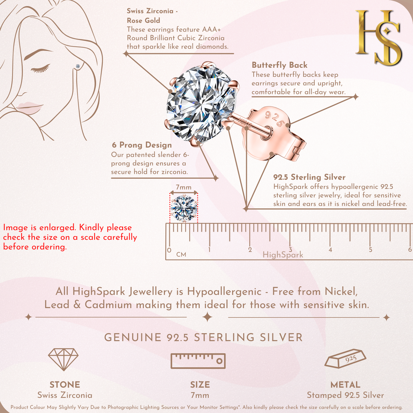 Classic Radiant Solitaire Stud Earrings in 925 Sterling Silver with 18k Rose Gold Finish For Women