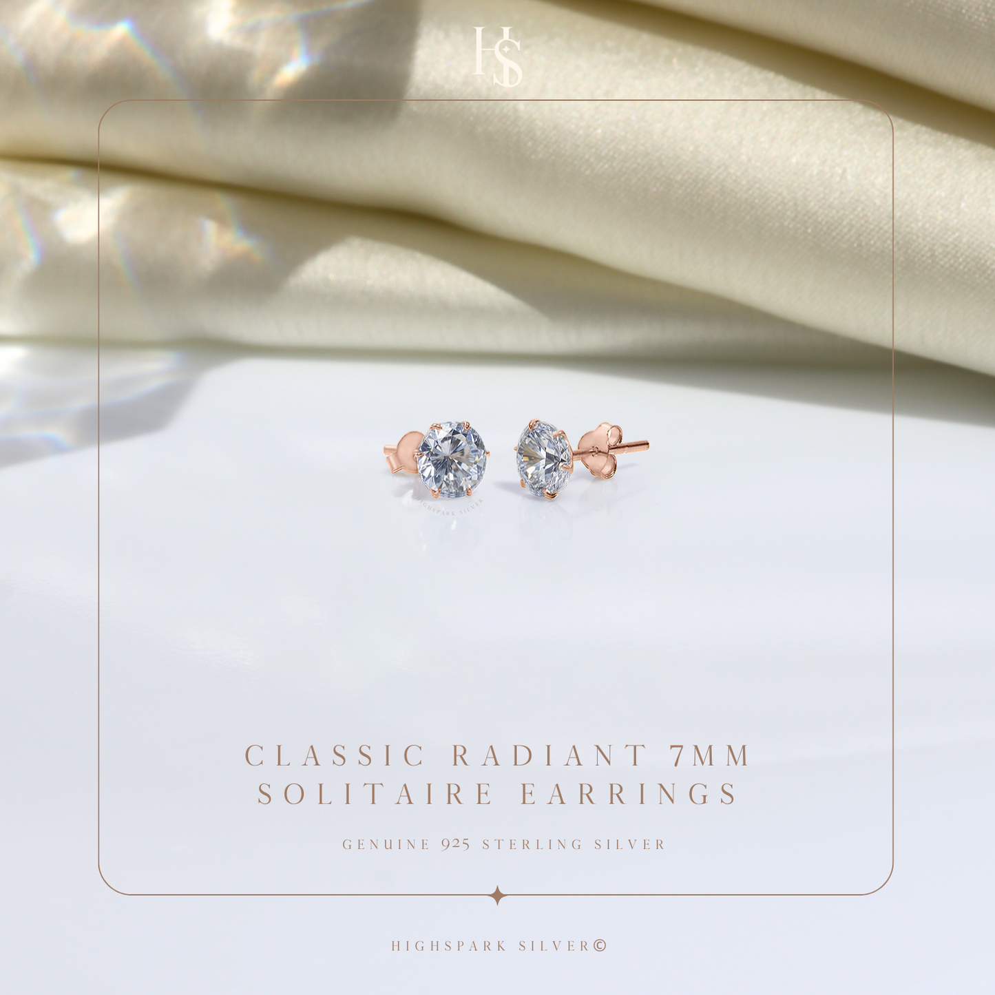 Classic Radiant Solitaire Stud Earrings in 925 Sterling Silver with 18k Rose Gold Finish For Women